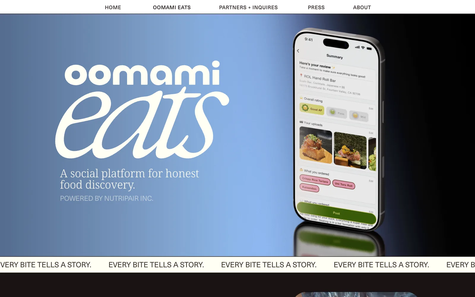 OOMAMI Eats home page, a social platform for honest food discovery